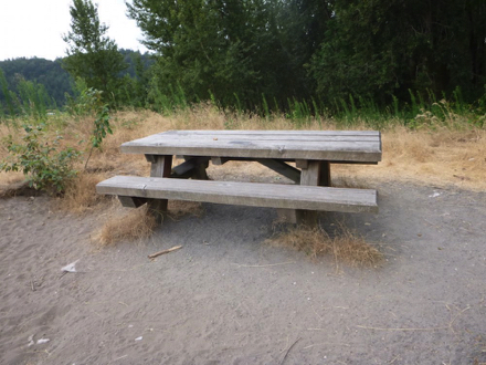 Picnic table with an accessible end surrounded by natural surface and loose sand